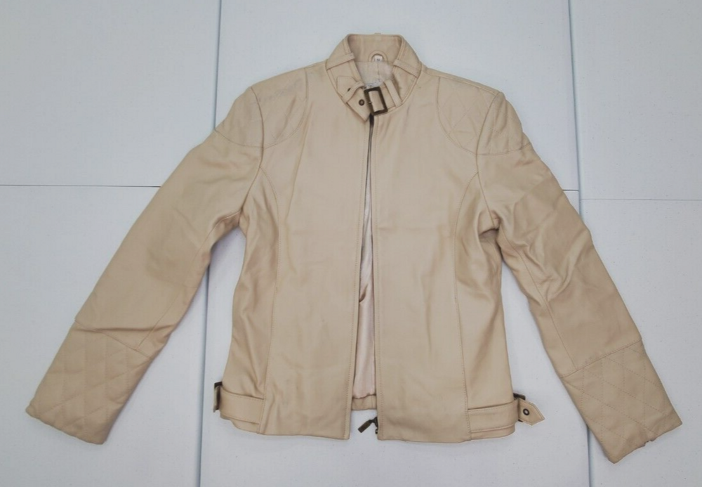 Pamela McCoy XS Women Used/Spots Beige Quilted Soft Real Leather Moto Jacket